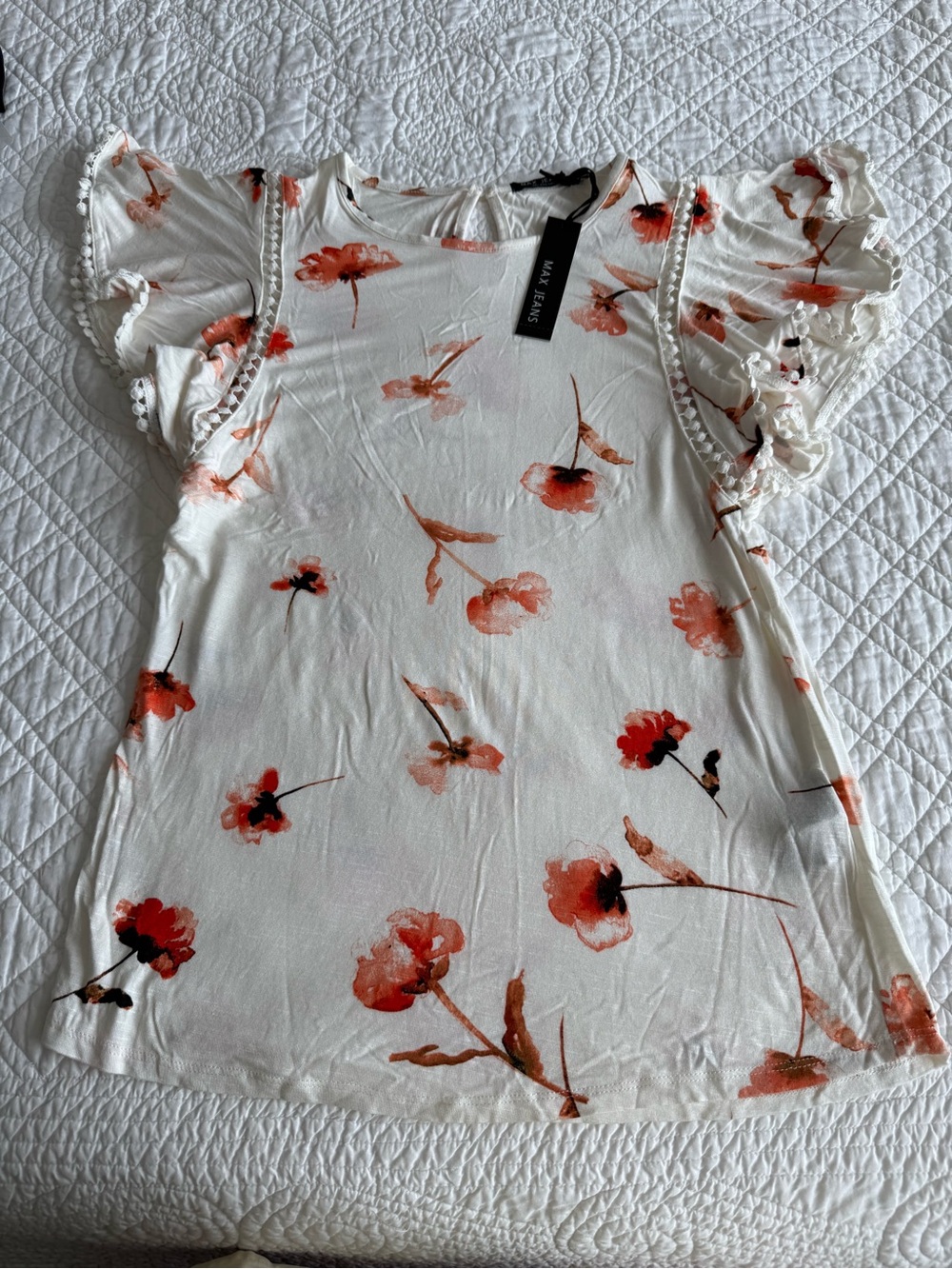 Max Jeans White Floral Ruffle Sleeve Top with Orange Accents